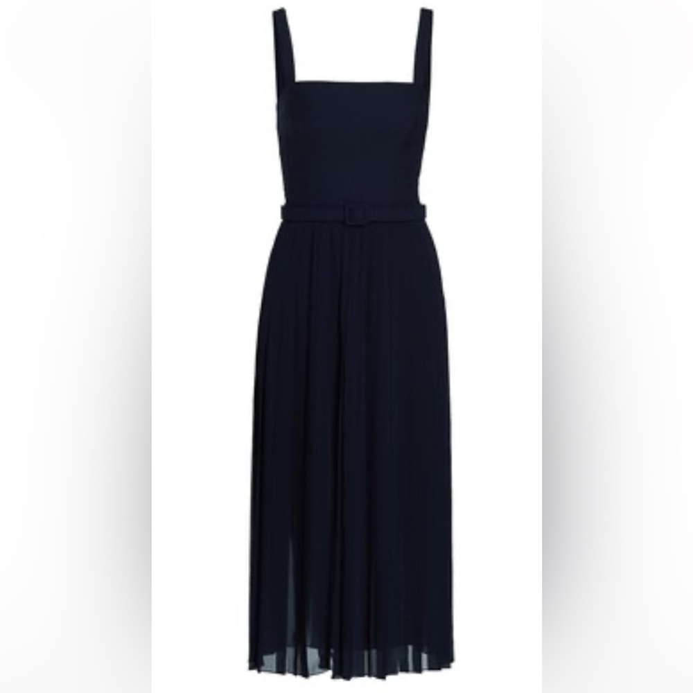 Oscar De La Renta Pleated Chiffon And Wool-Blend Midi Dress In Navy Missing Belt